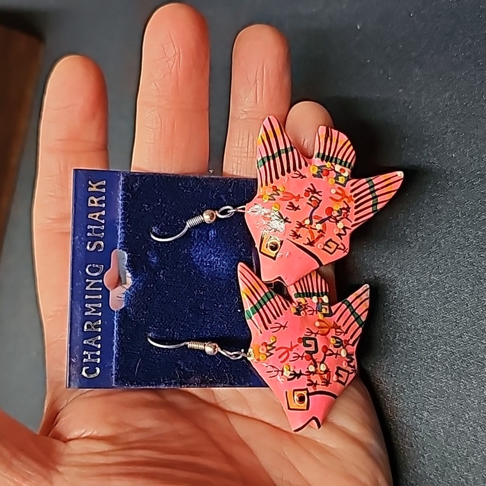 Charming Shark Wooden Fish Earrings Pink, Green, Yellow New Old Stock